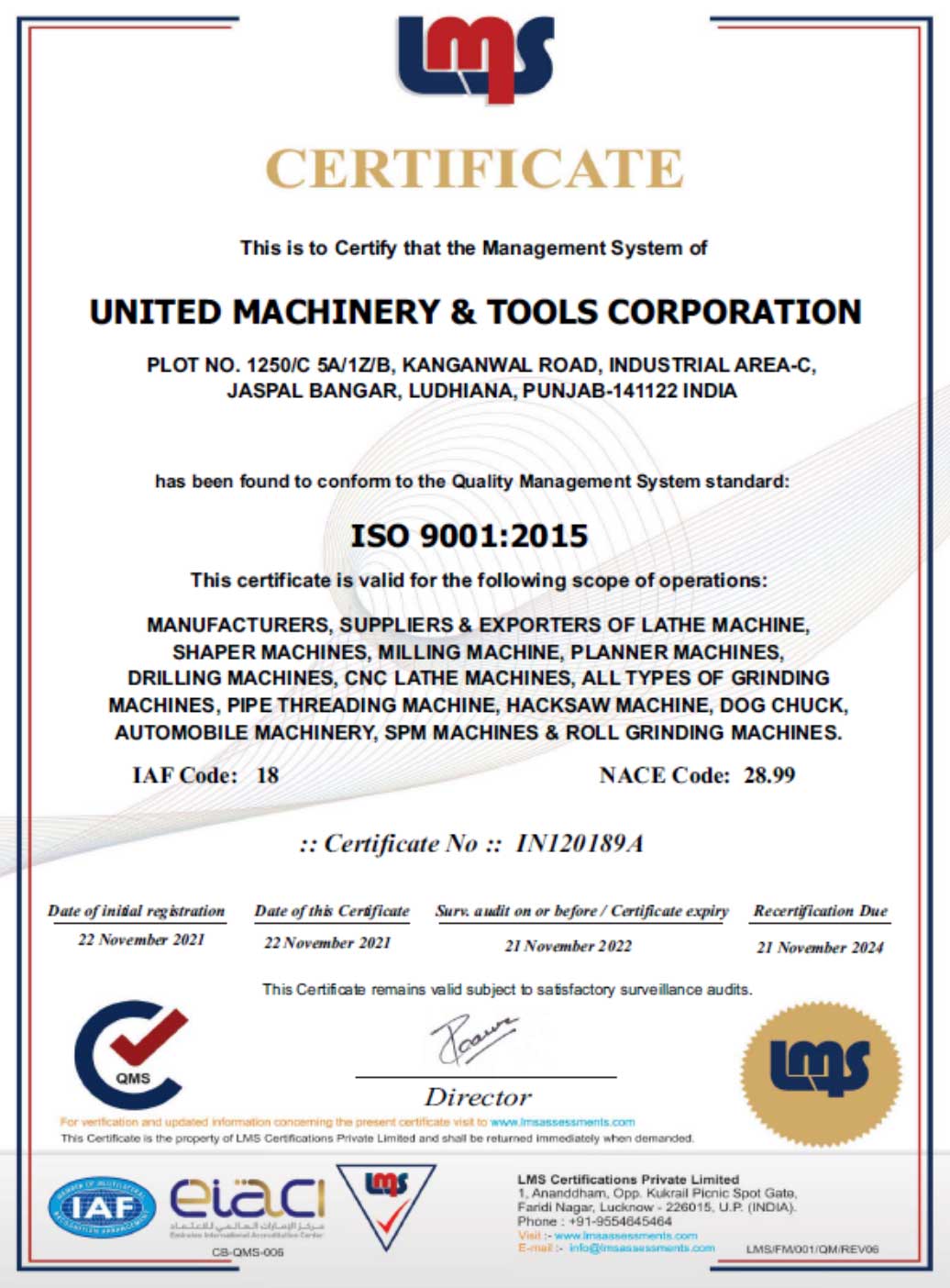 ISO Certificate United Machinery & Tools Corporation Lathe Machine manufacturers in India Punjab Ludhiana